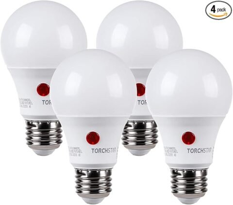 TORCHSTAR Dusk to Dawn Light Bulbs Outdoor, Sensor A19 LED Light Bulb, Auto on/Off Photocell Automatic for Outdoor Lighting, 5000K, Pack of 4