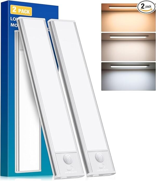LED Under Cabinet Lighting, Battery Operated Motion Sensor Light Indoor Wireless, 3 Color Temps, USB Rechargeable Closet Light, Dimmable Under Counter Lights for Kitchen Stairs Closet Pantry, 2 Pack