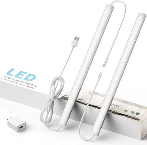 Dimmable Wired Under Cabinet Lighting - 2 Pack of 12-Inch Cold White 6000K Linkable USB LED Lights for Kitchen, Desk, Sink, and Workbench