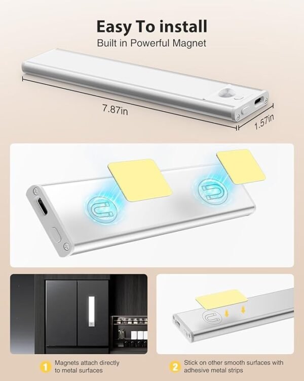 LED Under Cabinet Lighting, Battery Operated Motion Sensor Light Indoor Wireless, 3 Color Temps, USB Rechargeable Closet Light, Dimmable Under Counter Lights for Kitchen Stairs Closet Pantry, 2 Pack - Image 6