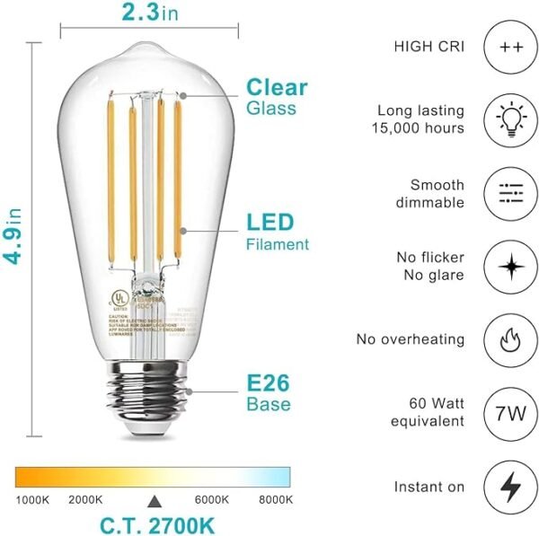 TJOY Edison Light Bulbs 60W Equivalent, Dimmable Vintage LED Light Bulbs, E26 Medium Base, Warm White 2700K, ST58, 8W, 800LM, 80+ CRI, Antique Decorative Filament LED Bulb, Clear Glass, 6 Pack - Image 2