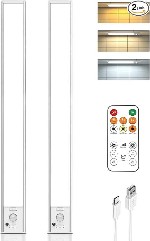 16in Under Cabinet Lighting with Remote Control,160 LED Motion Sensor Light Indoor,4000mAh USB Rechargeable Closet Lights,3 Color Temps Wireless Under Counter Lights for Kitchen,Pantry, Stair, 2 Pack