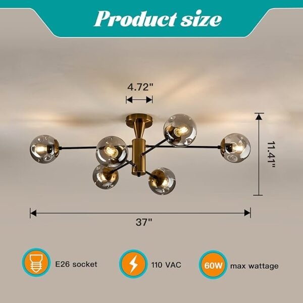 Modern Semi Flush Mount Ceiling Light Fixture 6-Light Sputnik Gold Chandelier with Glass Globe Mid Century Ceiling Lighting for Dinning Room Farmhouse Kitchen Bedroom Living Room. - Image 2