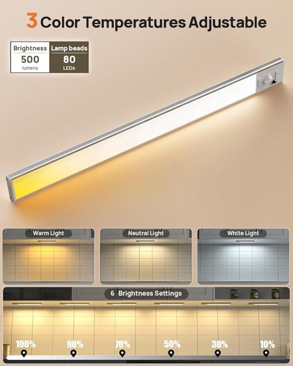 16in Under Cabinet Lighting with Remote Control,160 LED Motion Sensor Light Indoor,4000mAh USB Rechargeable Closet Lights,3 Color Temps Wireless Under Counter Lights for Kitchen,Pantry, Stair, 2 Pack - Image 6
