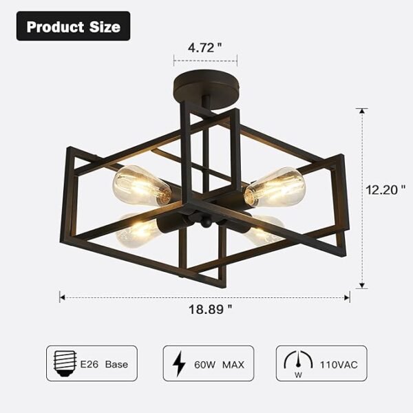 ZGLAOJT 4-Lights Close to Ceiling Light，Black Light Fixture Industrial Flush Mount Ceiling Light ，Farmhouse Chandelier Lighting for Kitchen Island Dining Room Bedroom Foyer Hallway - Image 2