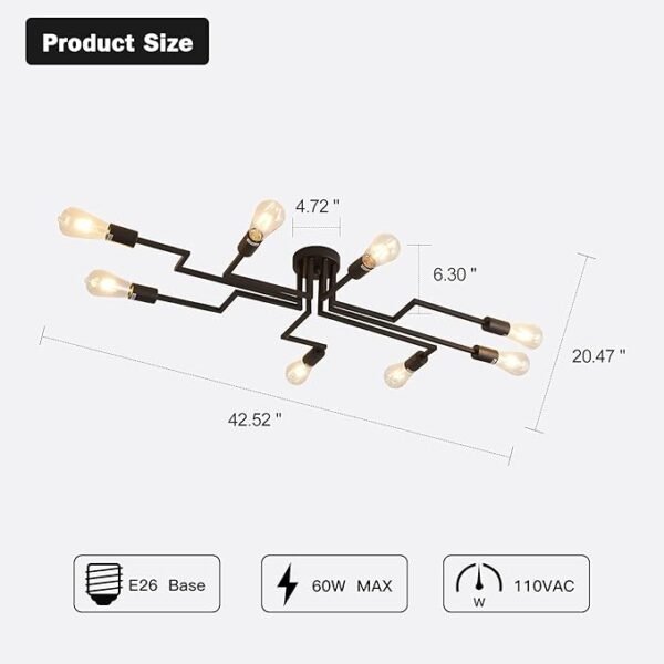 ZGLAOJTBlack 8-Light Ceiling Light, Modern Semi Flush Mount Ceiling Light Fixture,Metal Chandelier for Farmhouse Dining Room Living Room Bedroom Kitchen. - Image 2