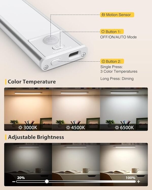 LED Under Cabinet Lighting, Battery Operated Motion Sensor Light Indoor Wireless, 3 Color Temps, USB Rechargeable Closet Light, Dimmable Under Counter Lights for Kitchen Stairs Closet Pantry, 2 Pack - Image 3