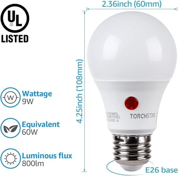 TORCHSTAR Dusk to Dawn Light Bulbs Outdoor, Sensor A19 LED Light Bulb, Auto on/Off Photocell Automatic for Outdoor Lighting, 5000K, Pack of 4 - Image 5