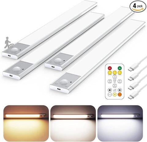 12\" Ultra-Thin Under Cabinet Lighting Wireless, Aluminum Alloy Under Counter Lights for Kitchen, 3-Color-Temps Magnetic Closet Lights, Rechargeable Motion Sensor Light Indoor (4 Pack, Silver)
