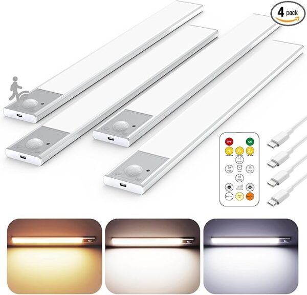 12\" Ultra-Thin Under Cabinet Lighting Wireless, Aluminum Alloy Under Counter Lights for Kitchen, 3-Color-Temps Magnetic Closet Lights, Rechargeable Motion Sensor Light Indoor (4 Pack, Silver)