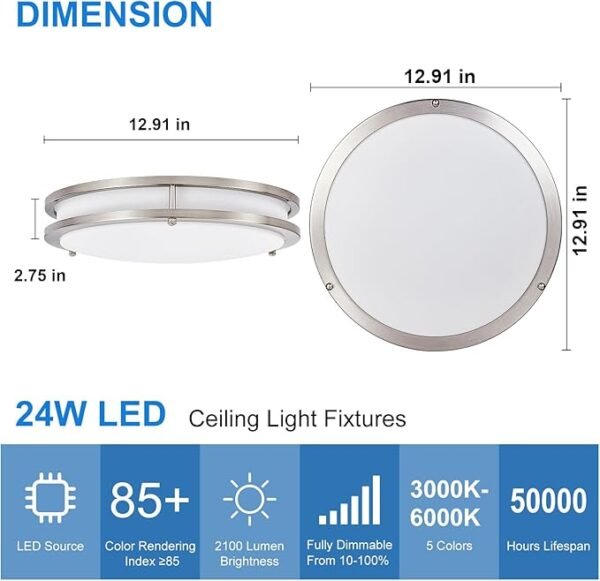 DLLT Flush Mount LED Ceiling Light: 13 Inch 5CCT (3000K-6000K) & Dimmable Ceiling Light Fixtures for Bedroom Hallway - 24W Modern Brushed Nickel Super Bright Kitchen Lighting Fixtures Ceiling - Image 5