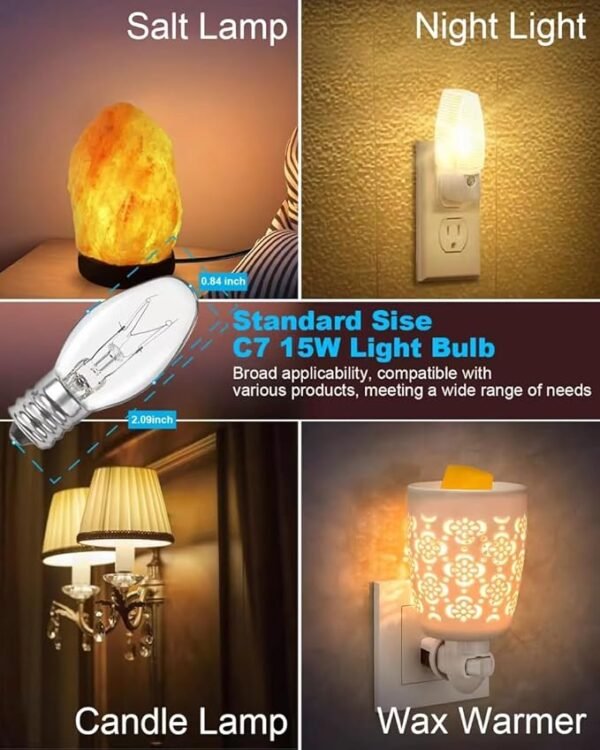 Salt Lamp Bulbs - 15 Watt Light Bulbs for Scentsy Wax Warmer - C7 Replacement Bulbs for Plug in Wax Diffuser- Warmwhite - Dimmable,15 Packs - Image 6