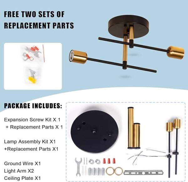 Modern Sputnik Ceiling Light Fixtures - 360 Adjustable Sputnik Ceiling Light for Bedroom Kitchen Mid Century Modern Light Fixture with E26 Base, Bulbs Not Included(2-Lights Gold+Black) - Image 7
