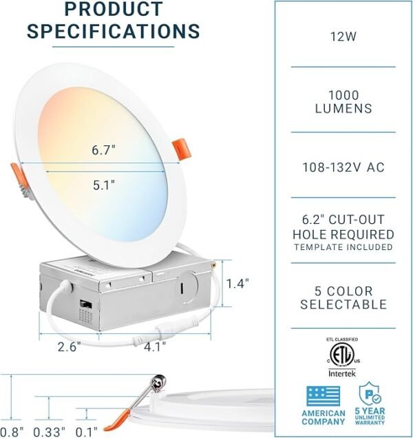PARMIDA (16 Pack) 6 Inch Dimmable 5CCT Ultra-Thin LED Recessed Ceiling Light with Junction Box, 5 Color Selectable 2700K/3000K/3500K/4000K/5000K, 12W, Canless Wafer Slim Panel Downlight, IC Rated, ETL - Image 3