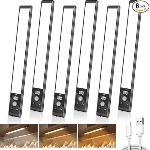6 Pack 10\" Under Cabinet Lights with Digital Display,52 LED Rechargeable Motion Sensor Light Indoor,3 Color Temperatures, Magnetic Dimmable Closet Lights, Under Counter Light for Kitchen