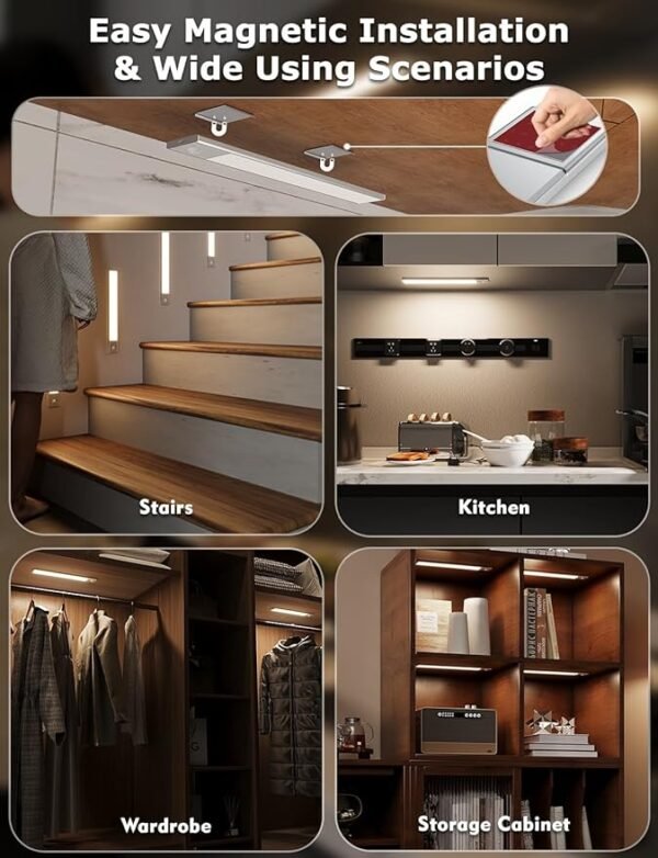 12\" Ultra-Thin Under Cabinet Lighting Wireless, Aluminum Alloy Under Counter Lights for Kitchen, 3-Color-Temps Magnetic Closet Lights, Rechargeable Motion Sensor Light Indoor (4 Pack, Silver) - Image 6