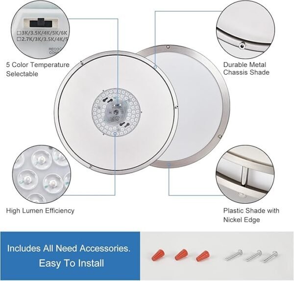 DLLT Flush Mount LED Ceiling Light: 13 Inch 5CCT (3000K-6000K) & Dimmable Ceiling Light Fixtures for Bedroom Hallway - 24W Modern Brushed Nickel Super Bright Kitchen Lighting Fixtures Ceiling - Image 6