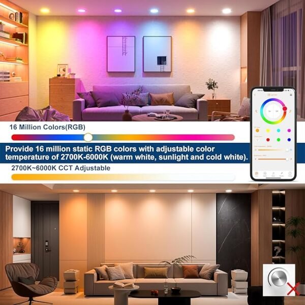 Smart Recessed Lighting 6 Inch RGBCW Color Changing 16W LED Downlight with Junction Box,1350 Lumen Recessed Ceiling Light Compatible with Alexa,Dimmable by Bluetooth Control -12Pack - Image 4