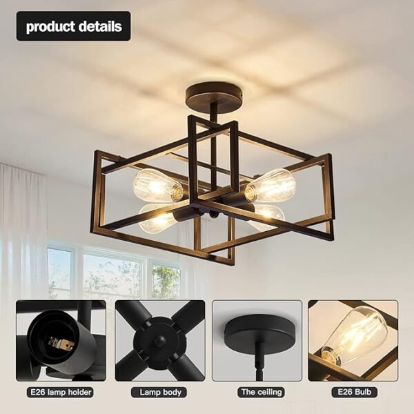 ZGLAOJT 4-Lights Close to Ceiling Light，Black Light Fixture Industrial Flush Mount Ceiling Light ，Farmhouse Chandelier Lighting for Kitchen Island Dining Room Bedroom Foyer Hallway - Image 3