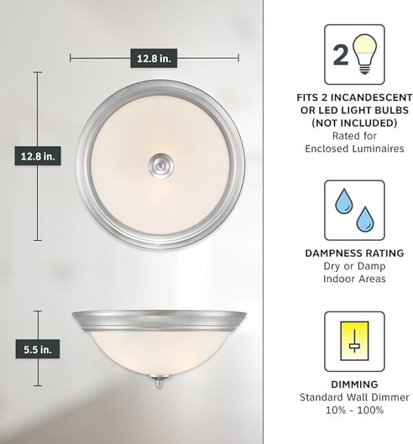 DESIGNERS FOUNTAIN Flush Mount Ceiling Light, 2-Pack, 13 Inch LED Frosted Glass Lighting Fixture for Kitchen, Bedroom, Bathroom, and Hallway, Brushed Nickel, D333M-13FM-BN2 - Image 4