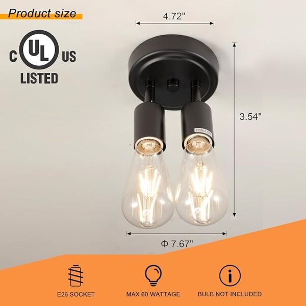 Semi Flush Mount 2Light Ceiling Light Matte Black with E26 Base Modern Chandelier for Farmhouse Kitchen Dining Room Bedroom Study Living Room. - Image 4