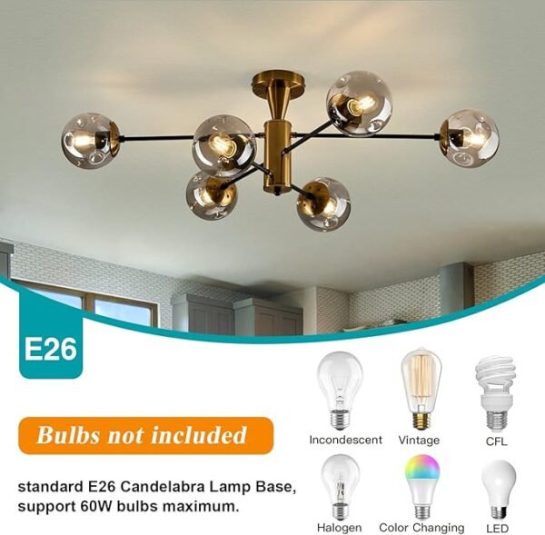 Modern Semi Flush Mount Ceiling Light Fixture 6-Light Sputnik Gold Chandelier with Glass Globe Mid Century Ceiling Lighting for Dinning Room Farmhouse Kitchen Bedroom Living Room. - Image 4