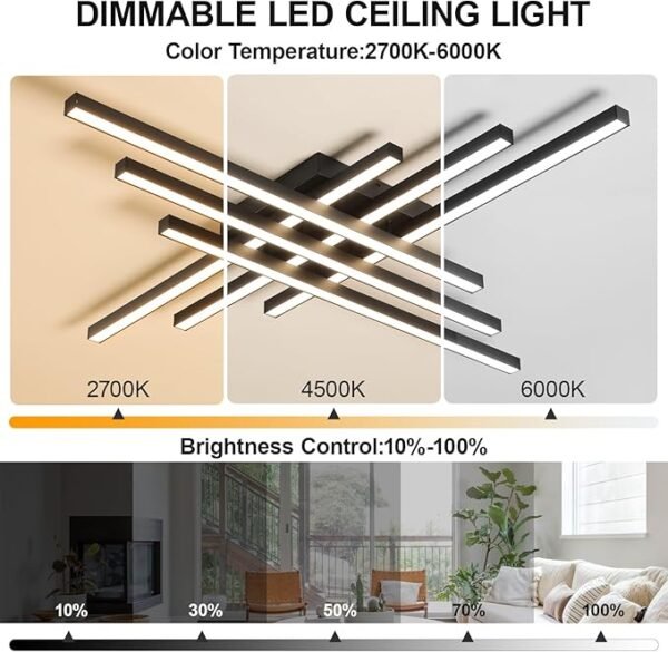 Modern Ceiling Light with Remote, 43.3\" Black Sputnik Ceiling Lamp, 96W Dimmable LED Lighting Fixture for Dining Room, Living Room, Kitchen Island, 6 Lights - Image 2