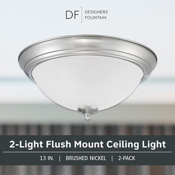 DESIGNERS FOUNTAIN Flush Mount Ceiling Light, 2-Pack, 13 Inch LED Frosted Glass Lighting Fixture for Kitchen, Bedroom, Bathroom, and Hallway, Brushed Nickel, D333M-13FM-BN2 - Image 2
