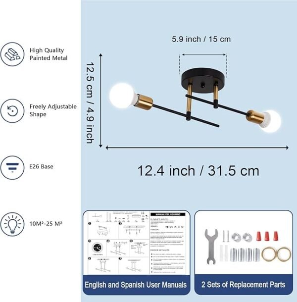 Modern Sputnik Ceiling Light Fixtures - 360 Adjustable Sputnik Ceiling Light for Bedroom Kitchen Mid Century Modern Light Fixture with E26 Base, Bulbs Not Included(2-Lights Gold+Black) - Image 6