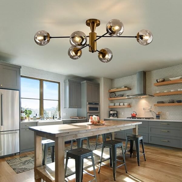 Modern Semi Flush Mount Ceiling Light Fixture 6-Light Sputnik Gold Chandelier with Glass Globe Mid Century Ceiling Lighting for Dinning Room Farmhouse Kitchen Bedroom Living Room. - Image 6