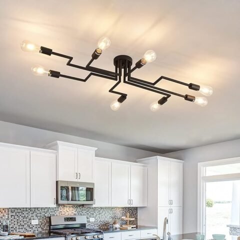 ZGLAOJTBlack 8-Light Ceiling Light, Modern Semi Flush Mount Ceiling Light Fixture,Metal Chandelier for Farmhouse Dining Room Living Room Bedroom Kitchen.