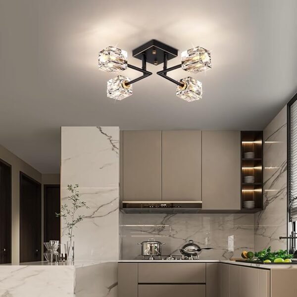 Modern Crystal Ceiling Light,Semi Flush Mount Ceiling Light Fixture with 4-Lights,Black and Gold Sputnik Chandeliers for Bedroom,Dining Room,Farmhouse Kitchen,Office,Entryway Hallway - Image 5
