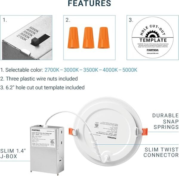 PARMIDA (16 Pack) 6 Inch Dimmable 5CCT Ultra-Thin LED Recessed Ceiling Light with Junction Box, 5 Color Selectable 2700K/3000K/3500K/4000K/5000K, 12W, Canless Wafer Slim Panel Downlight, IC Rated, ETL - Image 5