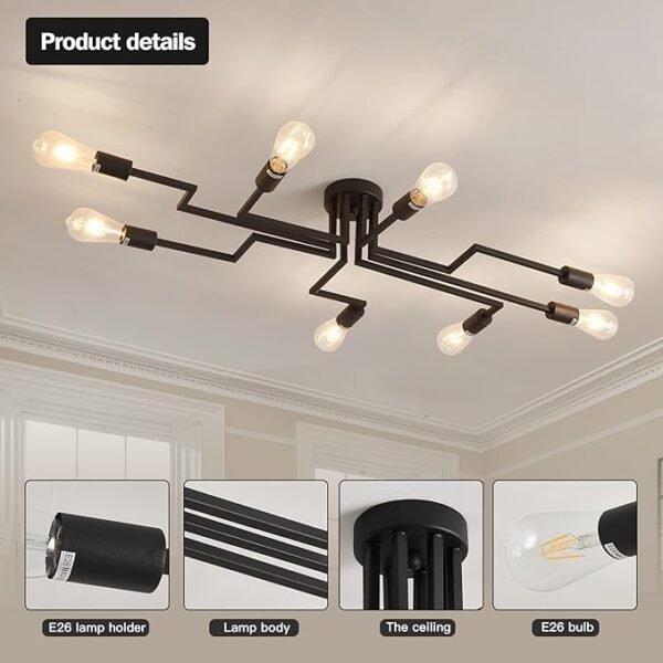 ZGLAOJTBlack 8-Light Ceiling Light, Modern Semi Flush Mount Ceiling Light Fixture,Metal Chandelier for Farmhouse Dining Room Living Room Bedroom Kitchen. - Image 3