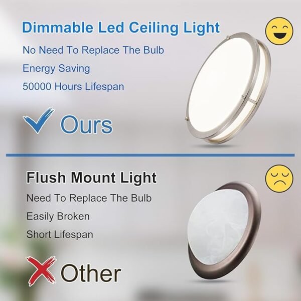 DLLT Flush Mount LED Ceiling Light: 13 Inch 5CCT (3000K-6000K) & Dimmable Ceiling Light Fixtures for Bedroom Hallway - 24W Modern Brushed Nickel Super Bright Kitchen Lighting Fixtures Ceiling - Image 2