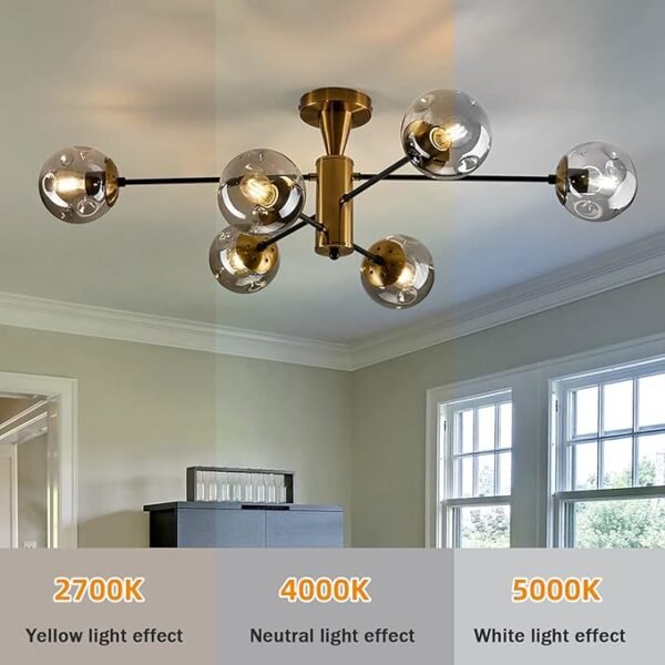Modern Semi Flush Mount Ceiling Light Fixture 6-Light Sputnik Gold Chandelier with Glass Globe Mid Century Ceiling Lighting for Dinning Room Farmhouse Kitchen Bedroom Living Room. - Image 3