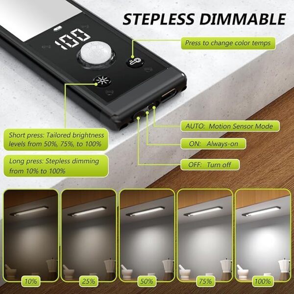 6 Pack 10\" Under Cabinet Lights with Digital Display,52 LED Rechargeable Motion Sensor Light Indoor,3 Color Temperatures, Magnetic Dimmable Closet Lights, Under Counter Light for Kitchen - Image 2
