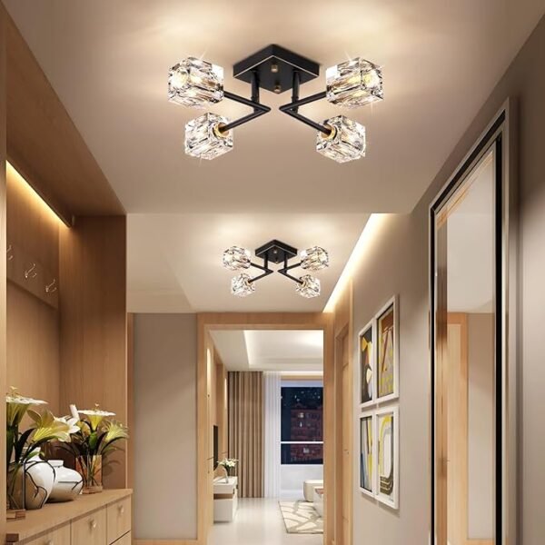 Modern Crystal Ceiling Light,Semi Flush Mount Ceiling Light Fixture with 4-Lights,Black and Gold Sputnik Chandeliers for Bedroom,Dining Room,Farmhouse Kitchen,Office,Entryway Hallway - Image 3