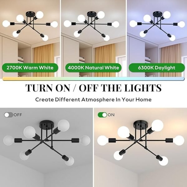Modern Sputnik Chandelier Ceiling Light Fixtures, 6-Lights 22” Mid Century Industrial Metal Semi Flush Mount for Dining Room, Bedroom, Living Room-Black - Image 5
