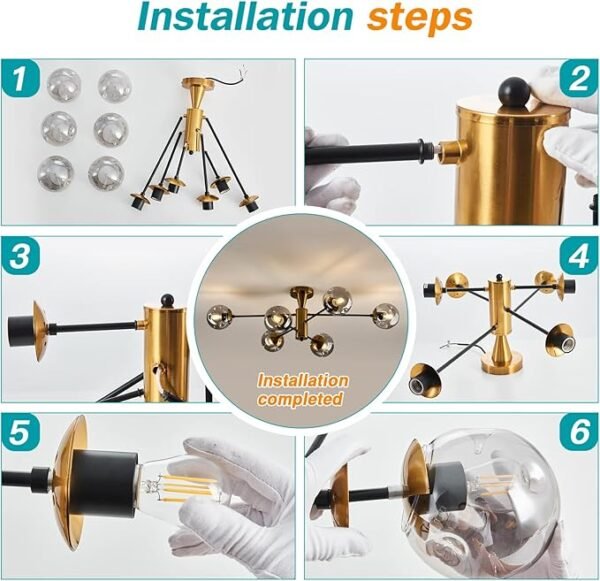 Modern Semi Flush Mount Ceiling Light Fixture 6-Light Sputnik Gold Chandelier with Glass Globe Mid Century Ceiling Lighting for Dinning Room Farmhouse Kitchen Bedroom Living Room. - Image 5