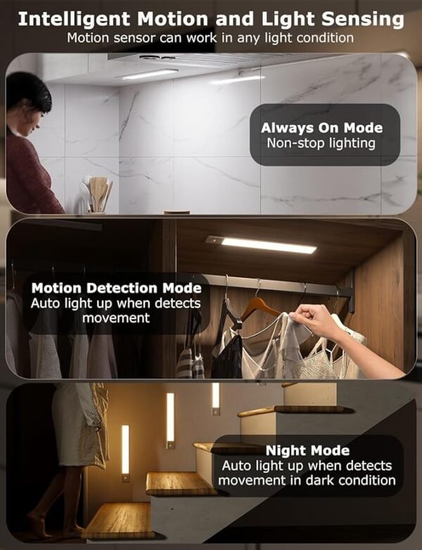 12\" Ultra-Thin Under Cabinet Lighting Wireless, Aluminum Alloy Under Counter Lights for Kitchen, 3-Color-Temps Magnetic Closet Lights, Rechargeable Motion Sensor Light Indoor (4 Pack, Silver) - Image 3