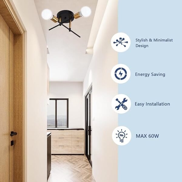 Modern Sputnik Ceiling Light Fixtures - 360 Adjustable Sputnik Ceiling Light for Bedroom Kitchen Mid Century Modern Light Fixture with E26 Base, Bulbs Not Included(2-Lights Gold+Black) - Image 3