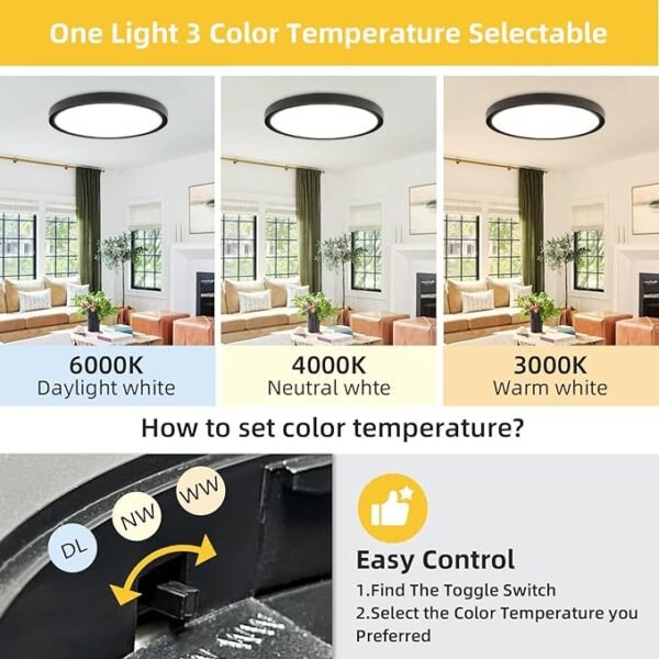 Led Flush Mount Ceiling Light,16 Inch 32w 3480lm,3000k/4000k/6000k 3CCT Selectable, Round Modern Flat Panel Super Slim Led Ceiling Light,for Living Dining Kitchen Bedroom Room (2Pack-Black) - Image 2