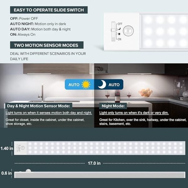 Under Cabinet Lighting, 84 LED Motion Sensor Light Indoor Rechargeable, 3200mAh Closet Lights Battery Operated for Kitchen Cabinets, Shelves, Walls - Image 4