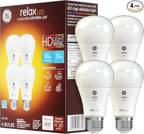 GE Relax LED Light Bulbs, 60 Watt, Soft White, A19 (4 Pack)