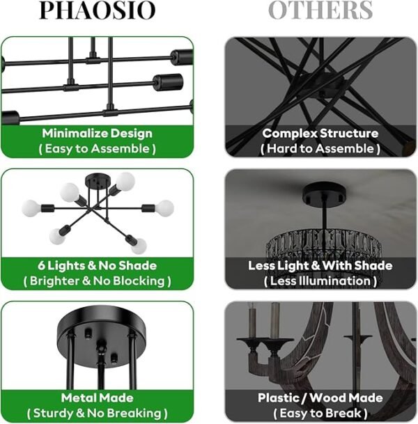 Modern Sputnik Chandelier Ceiling Light Fixtures, 6-Lights 22” Mid Century Industrial Metal Semi Flush Mount for Dining Room, Bedroom, Living Room-Black - Image 4