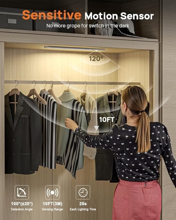 16in Under Cabinet Lighting with Remote Control,160 LED Motion Sensor Light Indoor,4000mAh USB Rechargeable Closet Lights,3 Color Temps Wireless Under Counter Lights for Kitchen,Pantry, Stair, 2 Pack - Image 4