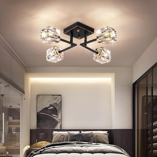 Modern Crystal Ceiling Light,Semi Flush Mount Ceiling Light Fixture with 4-Lights,Black and Gold Sputnik Chandeliers for Bedroom,Dining Room,Farmhouse Kitchen,Office,Entryway Hallway - Image 4