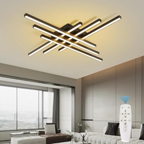 Modern Ceiling Light with Remote, 43.3\" Black Sputnik Ceiling Lamp, 96W Dimmable LED Lighting Fixture for Dining Room, Living Room, Kitchen Island, 6 Lights