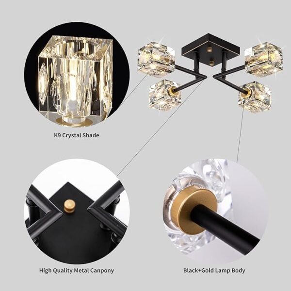 Modern Crystal Ceiling Light,Semi Flush Mount Ceiling Light Fixture with 4-Lights,Black and Gold Sputnik Chandeliers for Bedroom,Dining Room,Farmhouse Kitchen,Office,Entryway Hallway - Image 6